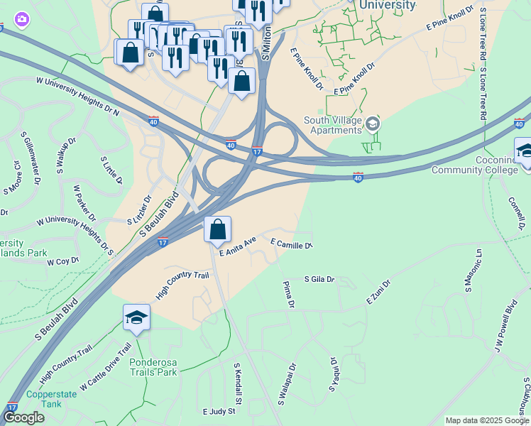 map of restaurants, bars, coffee shops, grocery stores, and more near 60 East Anita Avenue in Flagstaff