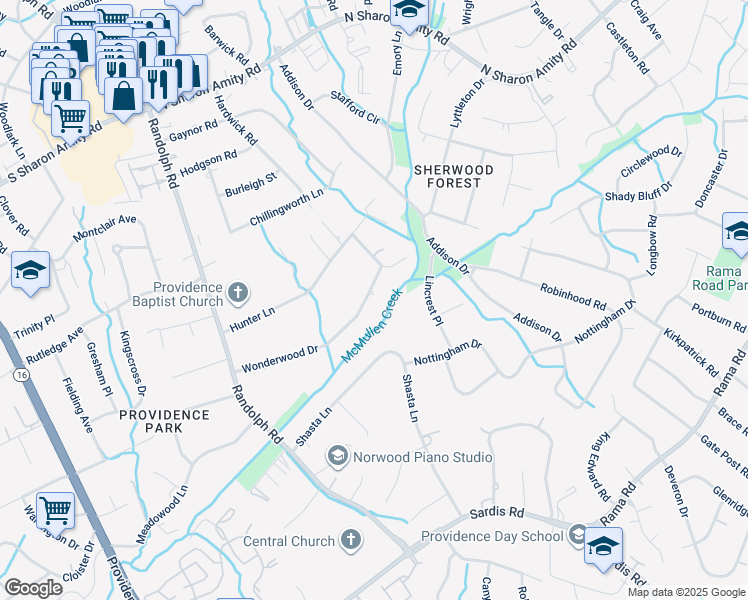map of restaurants, bars, coffee shops, grocery stores, and more near 416 Wonderwood Drive in Charlotte