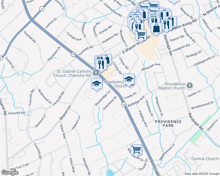 map of restaurants, bars, coffee shops, grocery stores, and more near 2910 Brookridge Lane in Charlotte