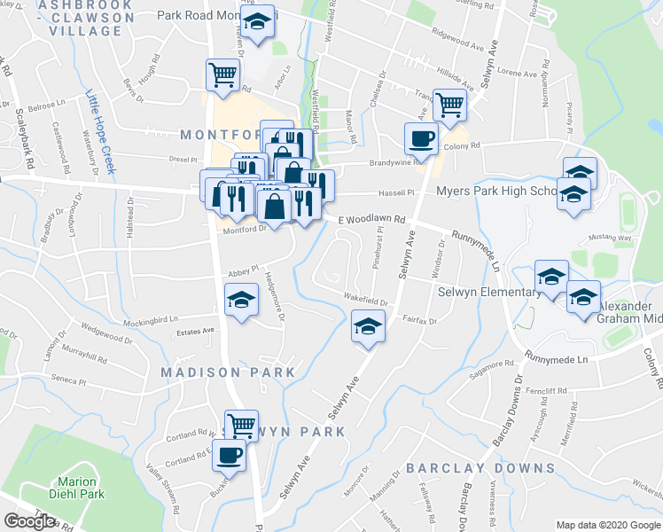 map of restaurants, bars, coffee shops, grocery stores, and more near in Charlotte