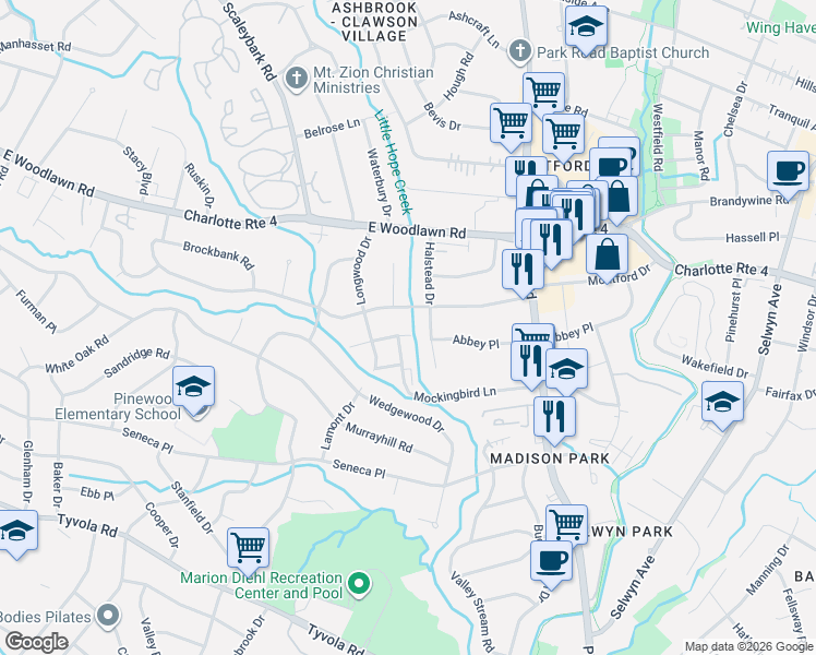 map of restaurants, bars, coffee shops, grocery stores, and more near 1227 Barkley Road in Charlotte