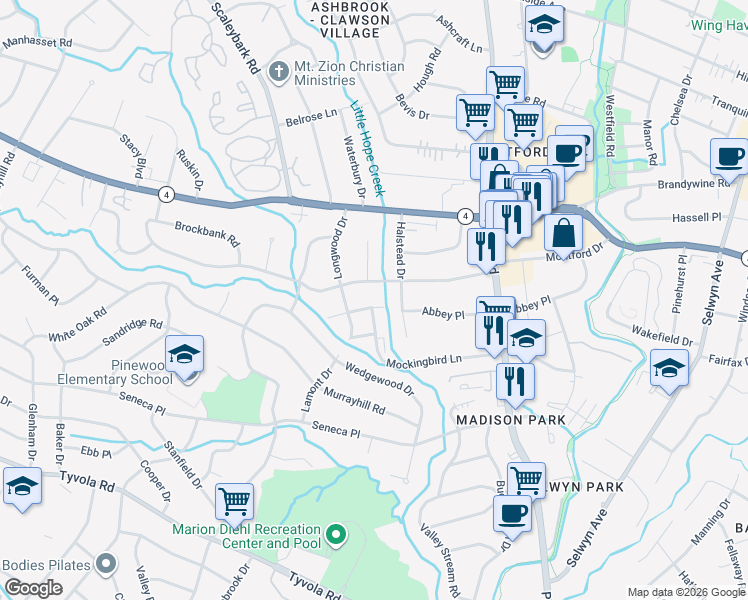 map of restaurants, bars, coffee shops, grocery stores, and more near 1227 Barkley Road in Charlotte
