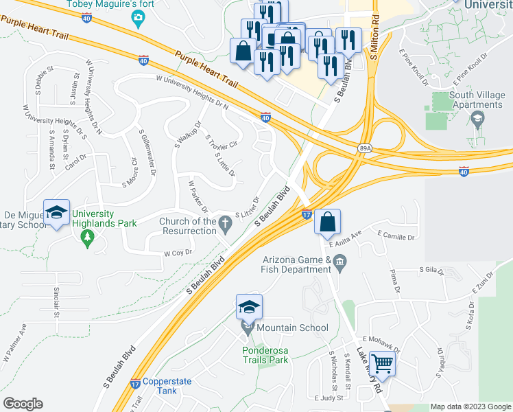 map of restaurants, bars, coffee shops, grocery stores, and more near 619 West Martys Way in Flagstaff