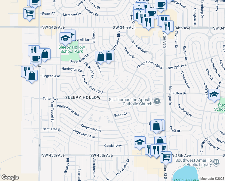 map of restaurants, bars, coffee shops, grocery stores, and more near 7514 Sleepy Hollow Boulevard in Amarillo