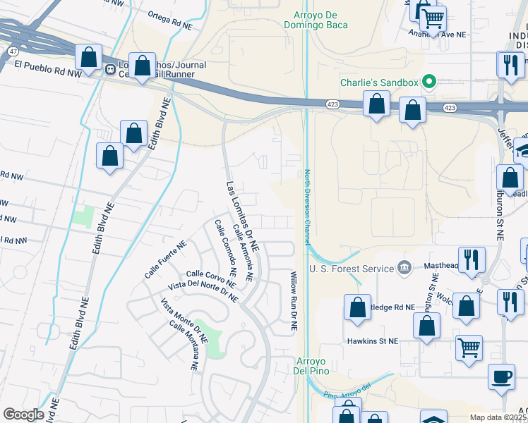 map of restaurants, bars, coffee shops, grocery stores, and more near 1335 El Segundo Avenue Northeast in Albuquerque