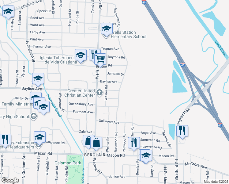 map of restaurants, bars, coffee shops, grocery stores, and more near 4381 Embassy Drive in Memphis