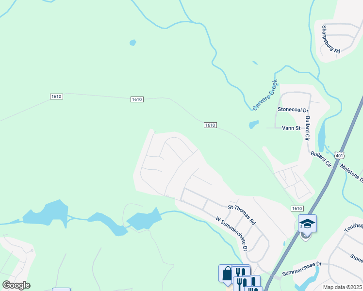 map of restaurants, bars, coffee shops, grocery stores, and more near 413 Letterfearn Drive in Fayetteville
