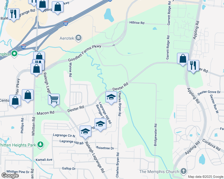 map of restaurants, bars, coffee shops, grocery stores, and more near 7105 Dexter Road in Shelby County