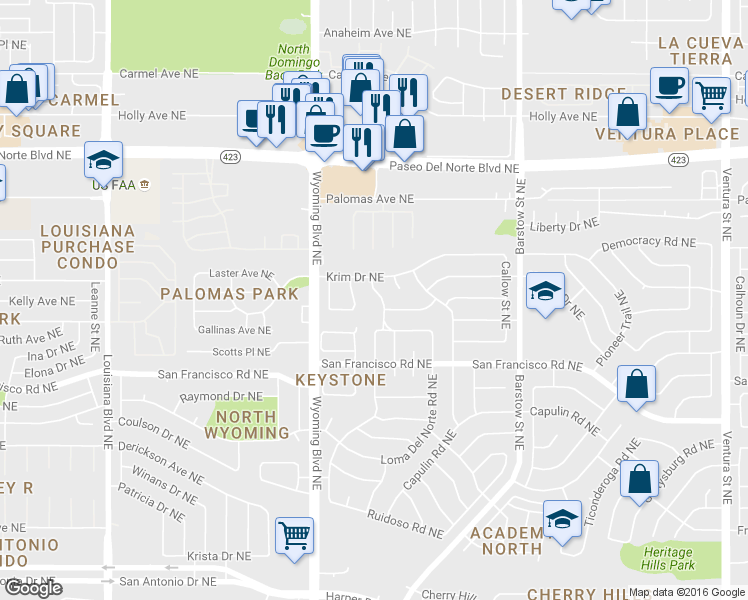 map of restaurants, bars, coffee shops, grocery stores, and more near 7717 Roberts Street Northeast in Albuquerque