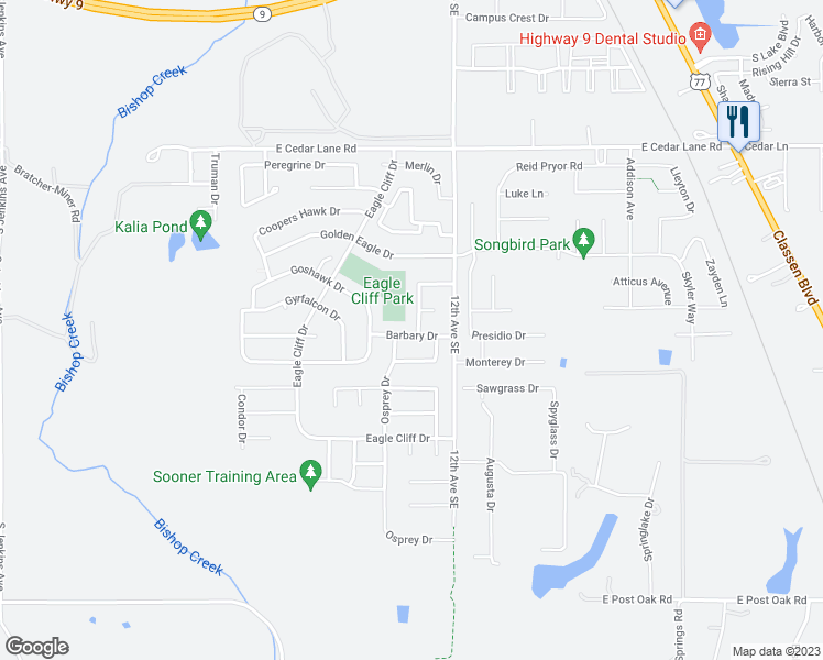 map of restaurants, bars, coffee shops, grocery stores, and more near 4036 Bald Eagle Drive in Norman