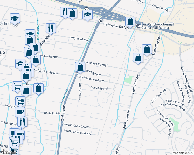 map of restaurants, bars, coffee shops, grocery stores, and more near 127 Los Ranchos Road Northwest in Albuquerque