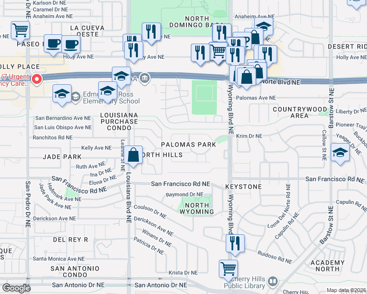 map of restaurants, bars, coffee shops, grocery stores, and more near 7215 Capitan Avenue Northeast in Albuquerque
