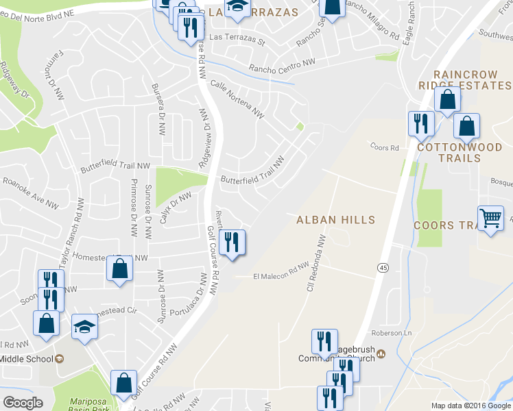 map of restaurants, bars, coffee shops, grocery stores, and more near 7509 Rio Salado Court Northwest in Albuquerque