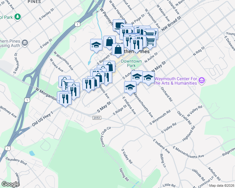 map of restaurants, bars, coffee shops, grocery stores, and more near 480 South May Street in Southern Pines