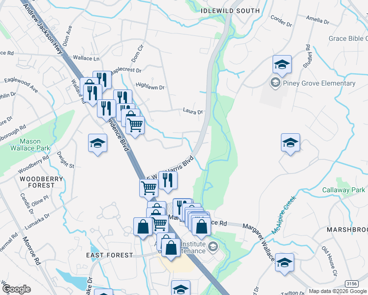 map of restaurants, bars, coffee shops, grocery stores, and more near 8000 Briardale Drive in Charlotte