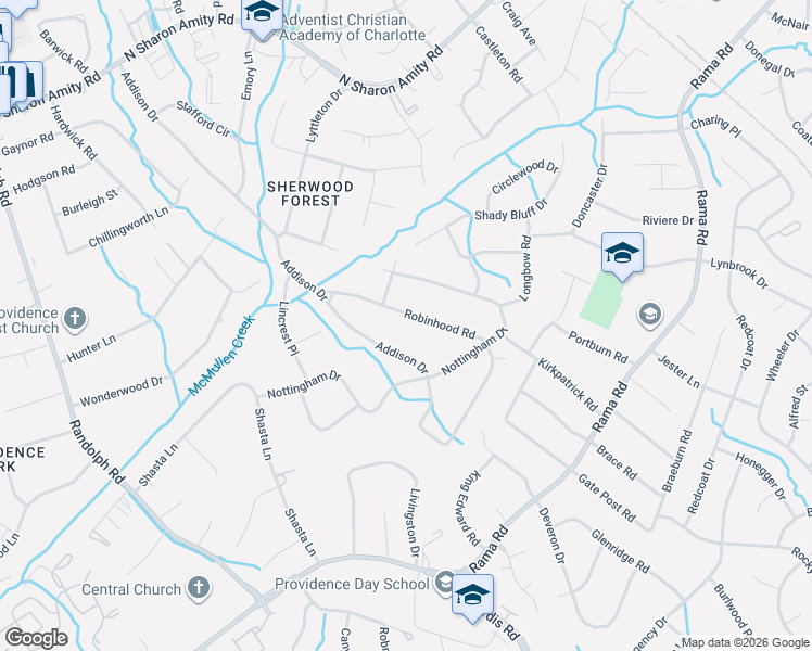 map of restaurants, bars, coffee shops, grocery stores, and more near 5334 Robinhood Road in Charlotte