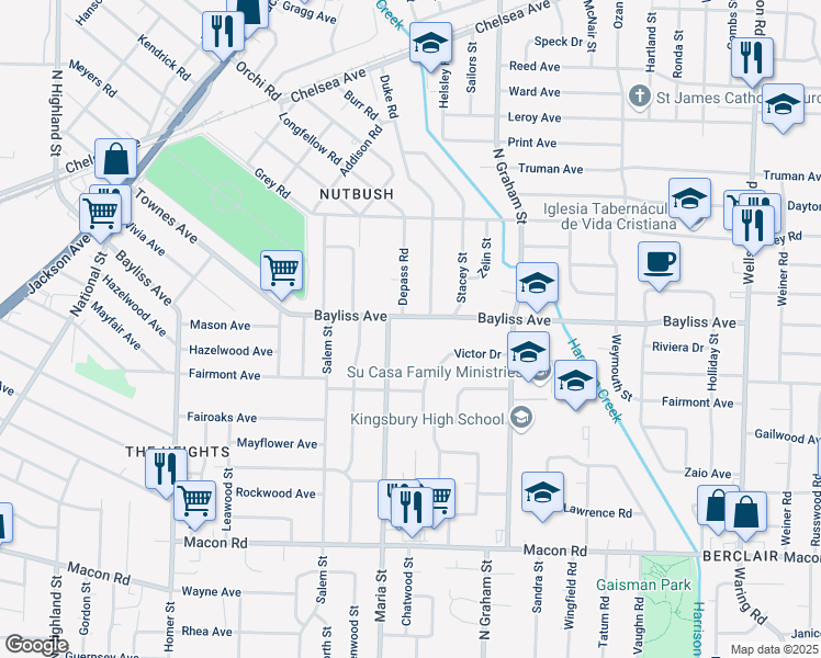 map of restaurants, bars, coffee shops, grocery stores, and more near 3941 Bayliss Avenue in Memphis