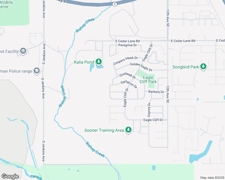 map of restaurants, bars, coffee shops, grocery stores, and more near 505 Verreaux Drive in Norman