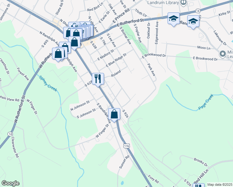 map of restaurants, bars, coffee shops, grocery stores, and more near 527 South Shamrock Avenue in Landrum