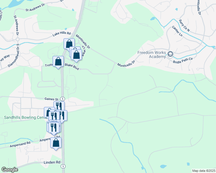 map of restaurants, bars, coffee shops, grocery stores, and more near 525 Banbury Lane in Moore County