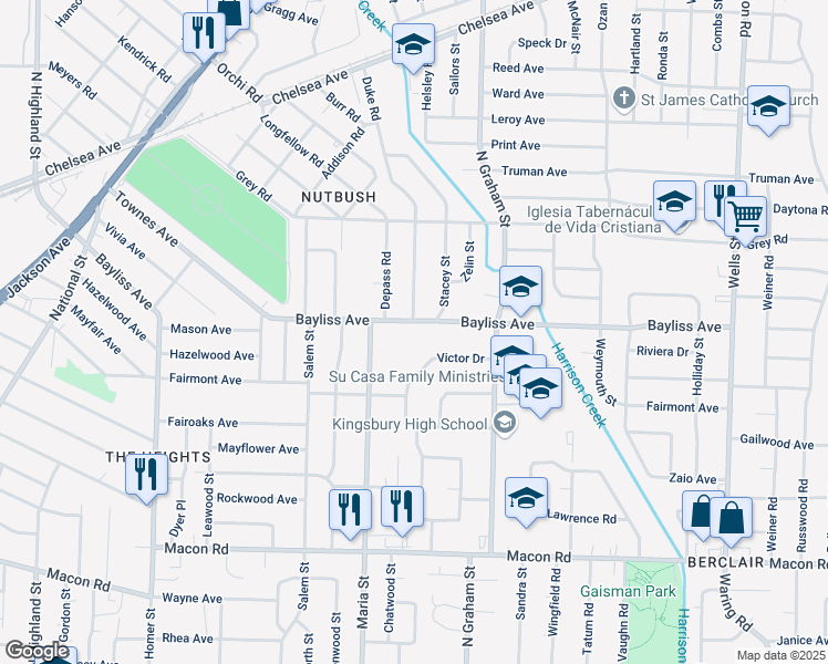 map of restaurants, bars, coffee shops, grocery stores, and more near 3941 Bayliss Avenue in Memphis