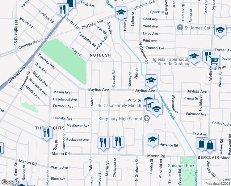 map of restaurants, bars, coffee shops, grocery stores, and more near 3941 Bayliss Avenue in Memphis