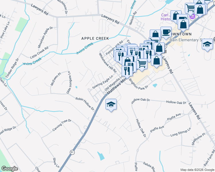 map of restaurants, bars, coffee shops, grocery stores, and more near 6411 Matthews-Mint Hill Road in Mint Hill