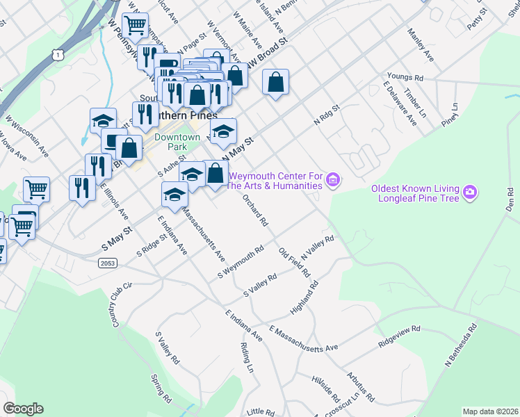 map of restaurants, bars, coffee shops, grocery stores, and more near 475 Orchard Road in Southern Pines