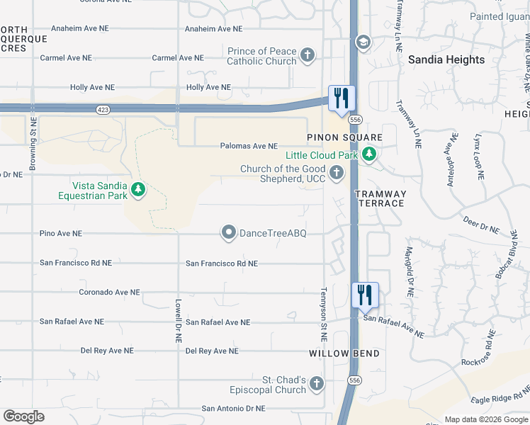 map of restaurants, bars, coffee shops, grocery stores, and more near 12305 Pino Avenue Northeast in Albuquerque