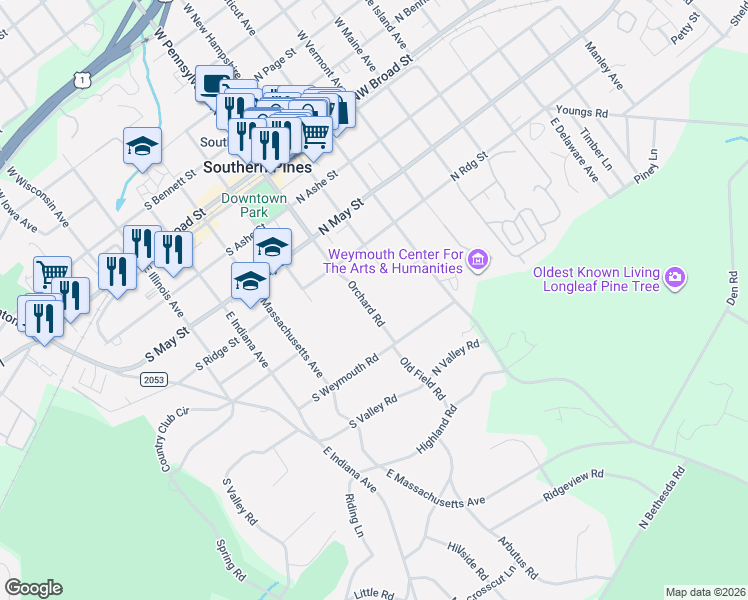 map of restaurants, bars, coffee shops, grocery stores, and more near 475 Orchard Road in Southern Pines