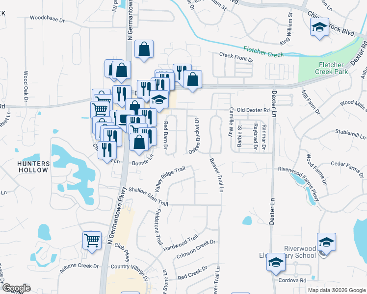 map of restaurants, bars, coffee shops, grocery stores, and more near 1602 Smokehouse Drive in Memphis