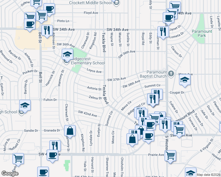 map of restaurants, bars, coffee shops, grocery stores, and more near 3718 Wayne Street in Amarillo