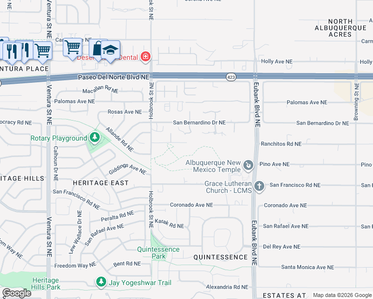 map of restaurants, bars, coffee shops, grocery stores, and more near 9840 Ranchitos Road Northeast in Albuquerque