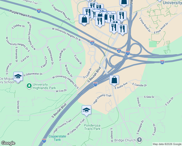map of restaurants, bars, coffee shops, grocery stores, and more near 622 Marty's Way in Flagstaff