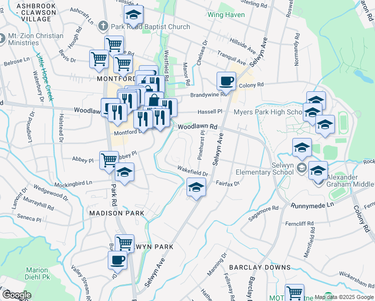 map of restaurants, bars, coffee shops, grocery stores, and more near 557 Wakefield Drive in Charlotte