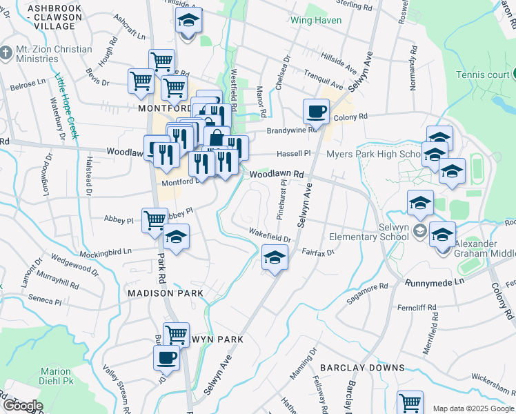 map of restaurants, bars, coffee shops, grocery stores, and more near 557 Wakefield Drive in Charlotte