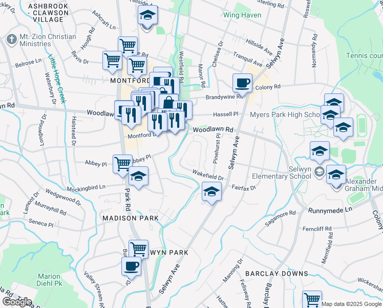 map of restaurants, bars, coffee shops, grocery stores, and more near 328 Wakefield Drive in Charlotte
