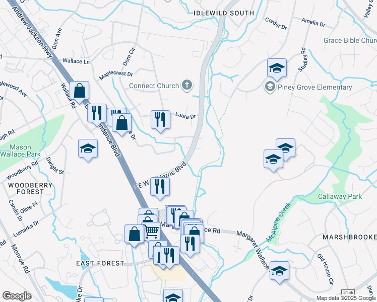 map of restaurants, bars, coffee shops, grocery stores, and more near 6820 Campbell Burn Court in Charlotte