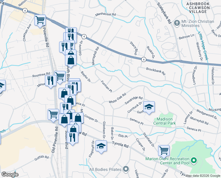map of restaurants, bars, coffee shops, grocery stores, and more near 5234 Furman Place in Charlotte