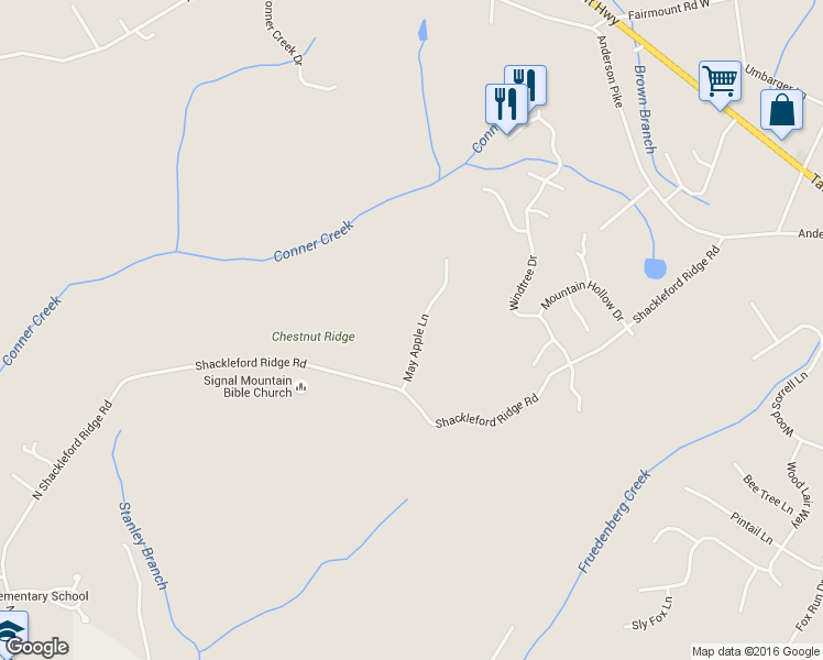 map of restaurants, bars, coffee shops, grocery stores, and more near 3779 May Apple Lane in Signal Mountain