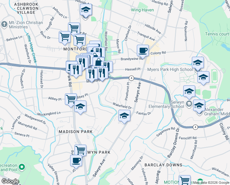 map of restaurants, bars, coffee shops, grocery stores, and more near 557 Wakefield Drive in Charlotte