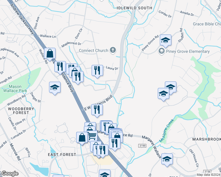map of restaurants, bars, coffee shops, grocery stores, and more near 6802 Campbell Burn Court in Charlotte