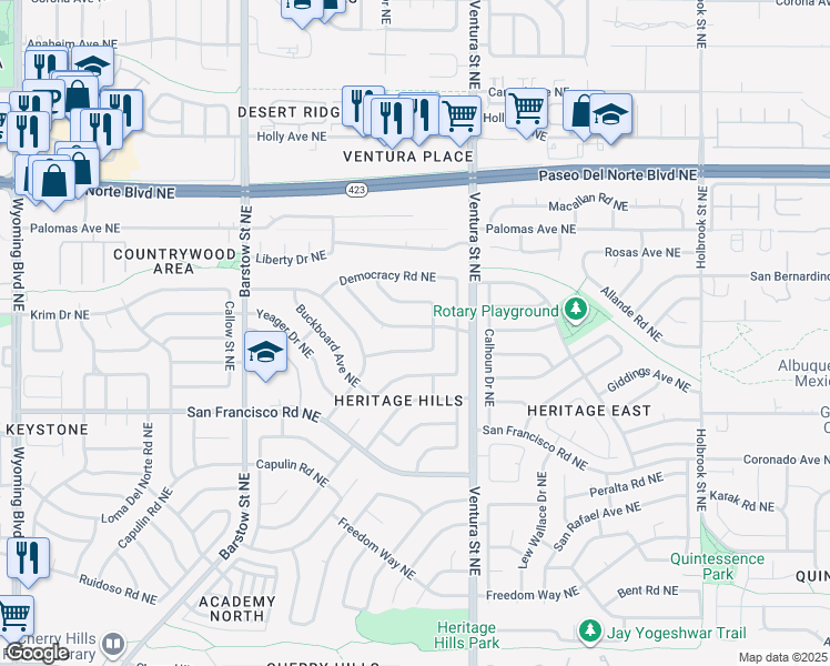map of restaurants, bars, coffee shops, grocery stores, and more near 8821 Yankee Drive Northeast in Albuquerque