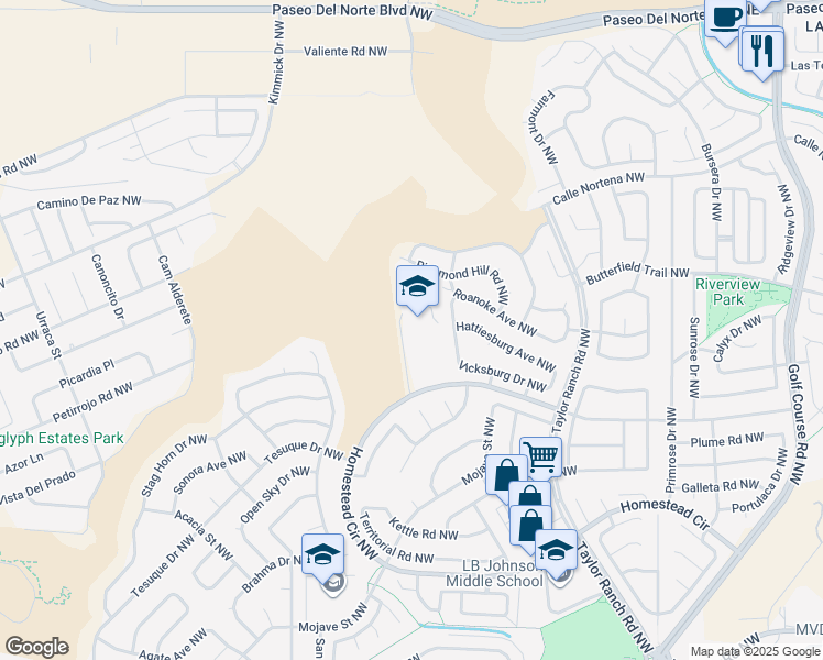 map of restaurants, bars, coffee shops, grocery stores, and more near 5401 Homestead Circle Northwest in Albuquerque