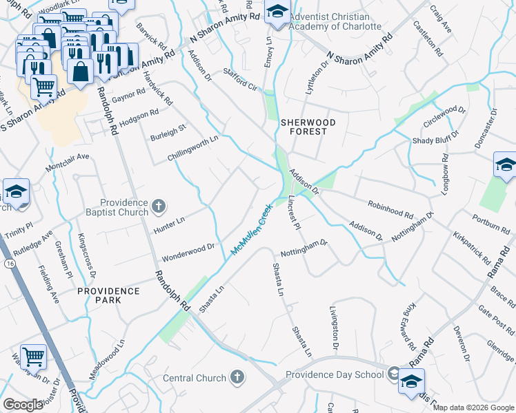 map of restaurants, bars, coffee shops, grocery stores, and more near in Charlotte