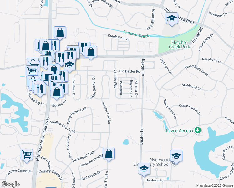 map of restaurants, bars, coffee shops, grocery stores, and more near 8371 Palm Springs Drive in Memphis