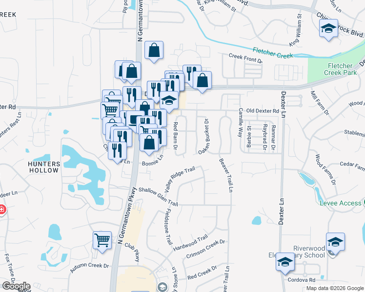 map of restaurants, bars, coffee shops, grocery stores, and more near 1602 Smokehouse Drive in Memphis