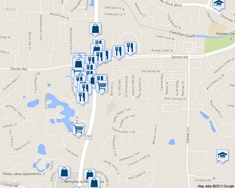 map of restaurants, bars, coffee shops, grocery stores, and more near 1599 Red Barn Drive in Memphis