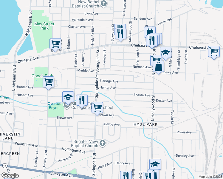 map of restaurants, bars, coffee shops, grocery stores, and more near 2260 Shasta Avenue in Memphis