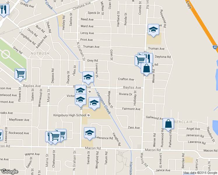 map of restaurants, bars, coffee shops, grocery stores, and more near Weymouth St in Memphis